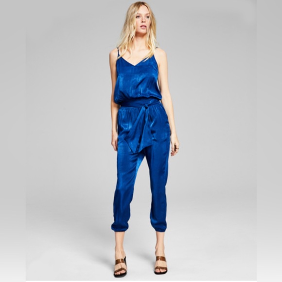 NWT Blue Satin Belted Jumpsuit Size Large - And Now This - Cuffed Ankles Pockets - Picture 1 of 16